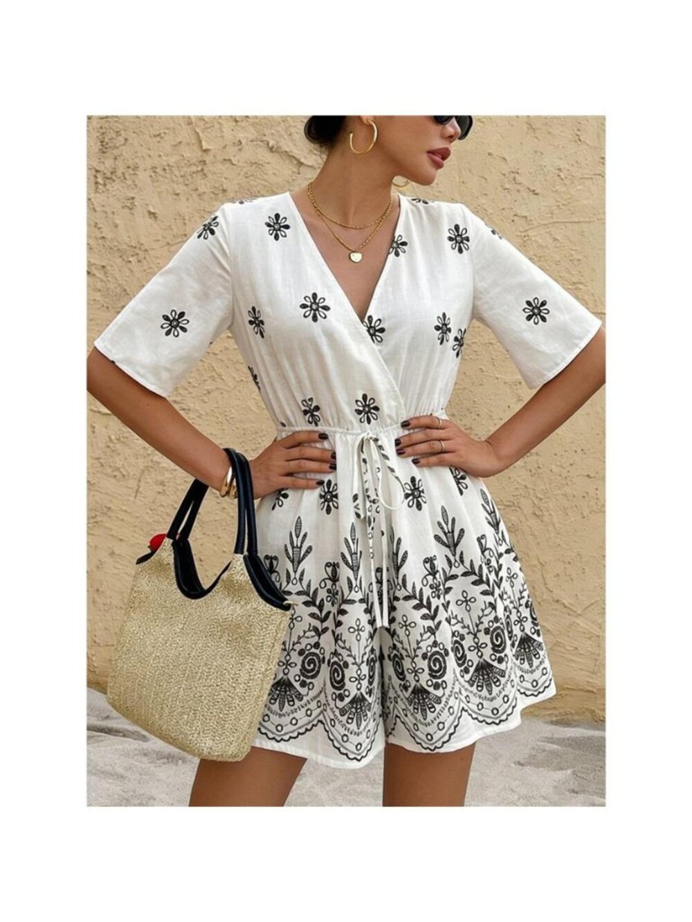 Printed Surplice Half Sleeve Romper